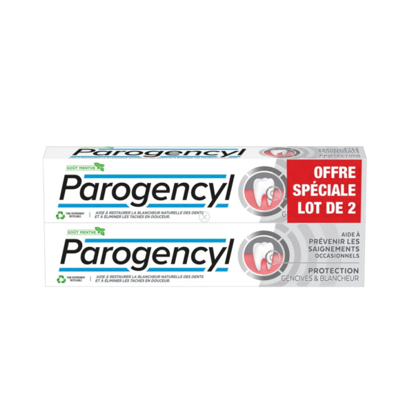 Deux boîtes de dentifrice Parogencyl, étiquetées « Offre Spéciale Lot de 2 ». L'emballage met en avant la protection des gencives et le blanchiment des dents, avec des touches de rouge et un graphisme représentant une dent. Le texte en français détaille les bienfaits gingivaux et blanchissants. Dakar