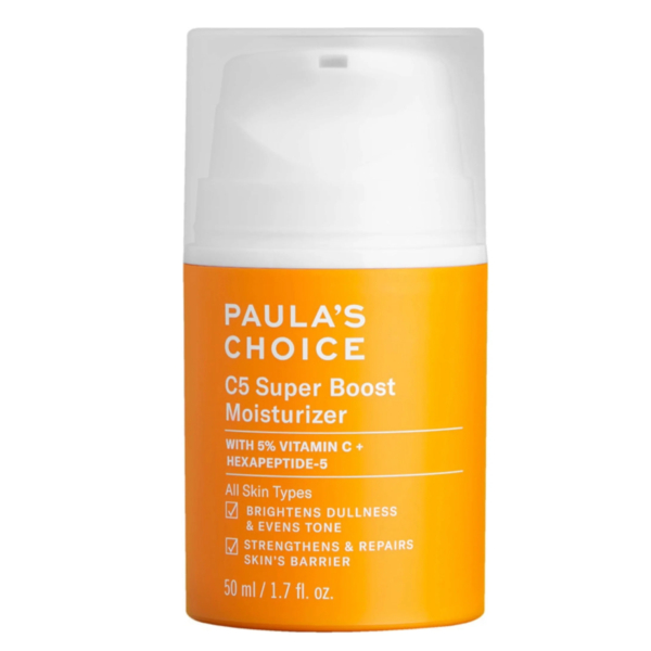 Un flacon orange vif de la crème hydratante Paula's Choice C5 Super Boost, avec un bouchon blanc. L'étiquette met en valeur des ingrédients comme 5 % de vitamine C et de l'hexapeptide-5, qui illuminent la peau et renforcent sa barrière cutanée. Volume : 50 ml. Dakar