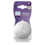 Un emballage de tétine Philips Avent Natural Response pour les bébés de 6 mois et plus. L'emballage violet offre une vue dégagée sur la tétine, dont la forme en pétales offre une grande flexibilité. Le texte indique qu'il s'agit d'une tétine épaisse, avec deux tétines incluses. Dakar