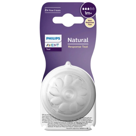 Emballage de la tétine Philips Avent Natural Response pour les bébés de 1 mois et plus. Il comprend deux tétines de débit 3, présentées sur fond violet, avec un motif floral transparent. Dakar