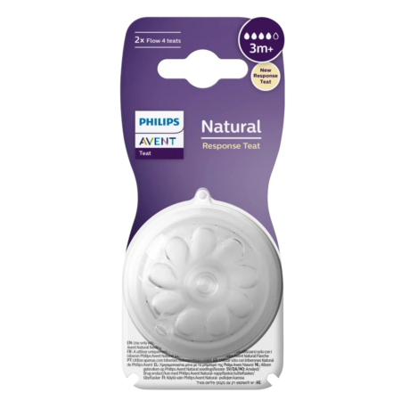 Emballage de la tétine Philips Avent Natural Response, montrant une tétine de biberon transparente à l'intérieur d'un blister violet et blanc étiqueté pour 3 mois et plus, avec « 2x Flow 4 tétines » indiqué en haut à gauche. Dakar