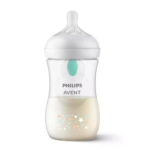 Un biberon Philips Avent rempli de lait, doté d'un corps transparent, d'un bouchon blanc et d'une tétine en silicone. Il est orné d'un motif étoilé coloré près de la base et porte le nom de la marque. Dakar