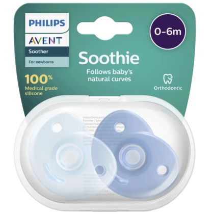 Emballage des sucettes Philips Avent Soothie pour nouveau-nés, comprenant deux sucettes, une bleue et une bleu clair. Le texte indique qu'elles sont 100 % en silicone de qualité médicale, qu'elles épousent les courbes naturelles de bébé et qu'elles sont orthodontiques. Convient aux enfants de 0 à 6 mois. Dakar