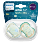 Pack de sucettes Philips Avent Ultra Air Nuit pour les bébés de 0 à 6 mois. Contient deux sucettes orthodontiques dans un étui transparent, facile à retrouver dans l'obscurité grâce à ses motifs étoilés et fantaisistes. L'emballage met en avant une acceptation de 98 % de la tétine. Dakar