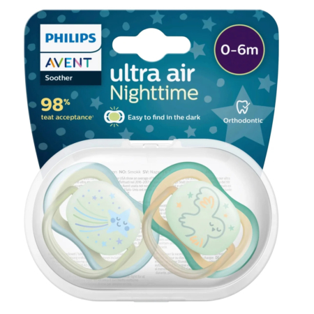 Pack de sucettes Philips Avent Ultra Air Nuit pour les bébés de 0 à 6 mois. Contient deux sucettes orthodontiques dans un étui transparent, facile à retrouver dans l'obscurité grâce à ses motifs étoilés et fantaisistes. L'emballage met en avant une acceptation de 98 % de la tétine. Dakar
