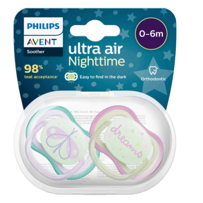 Emballage des sucettes Philips Avent Ultra Air Nuit pour les 0 à 6 mois, avec motifs phosphorescents. Le paquet contient deux sucettes : une avec un motif papillon et une autre avec le mot « rêves ». Dakar