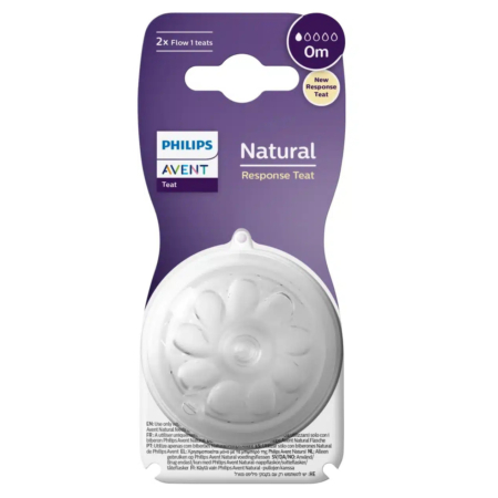 Emballage d'une tétine Philips Avent Natural Response, conçue pour les bébés de 0 mois et plus. L'emballage est violet et blanc, avec une tétine transparente à motif de pétales. Dakar