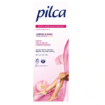 L'image montre un emballage de crème dépilatoire Pilca pour le corps et les jambes. L'emballage représente une femme appliquant la crème sur ses jambes, entourée d'un motif floral rose. Le texte indique que la crème est testée dermatologiquement et qu'elle est légèrement parfumée. Dakar