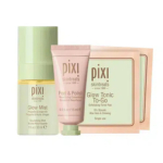 Un coffret de soins Pixi Skintreats, comprenant une brume Glow Mist, un tube Peel & Polish et deux sachets de tonique exfoliant Glow Tonic To-Go. L'emballage est décliné dans des tons verts et roses. Dakar
