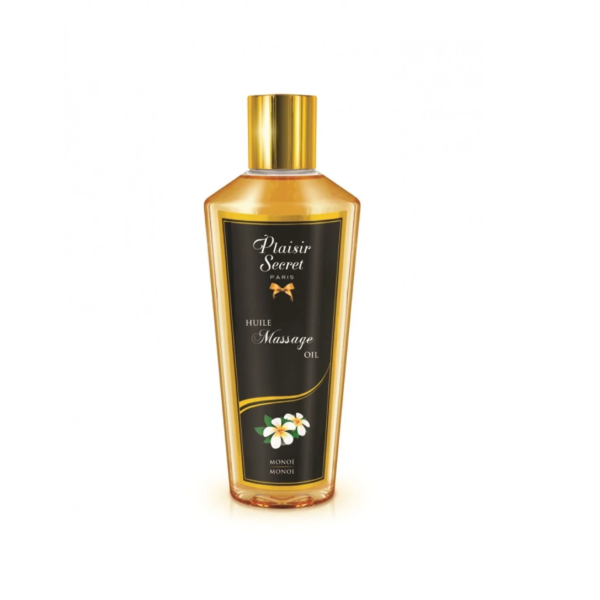 Un flacon d'huile de massage « Plaisir Secret » arbore un bouchon doré et une élégante étiquette noire à motif floral. L'étiquette porte les inscriptions « Huile de Massage Oil » et « Monoï Monoï ». Le flacon se détache sur un fond blanc uni. Dakar