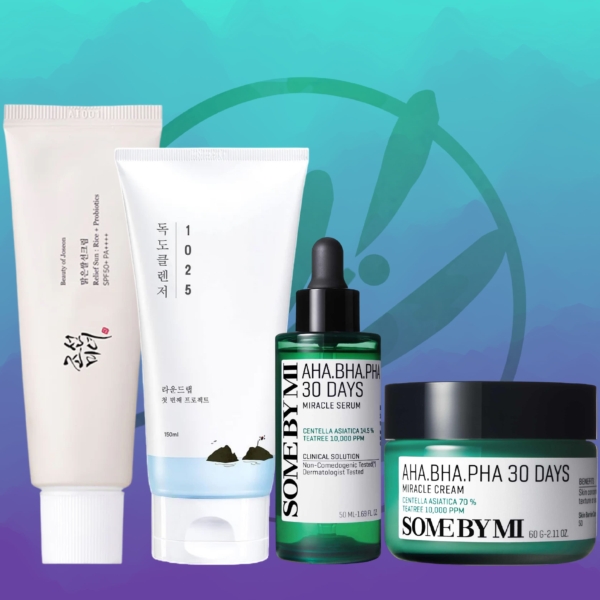 Découvrez la collection Routine ANTI IMPERFECTIONS : PEAU GRASSE à SENSIBLES sur fond dégradé bleu-vert. Comprend un tube blanc avec texte rouge, un tube plus grand avec graphisme bleu et vert, un flacon compte-gouttes vert et un pot vert-blanc du Trio Cosrx. Dakar