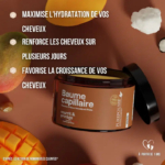 L'image présente un flacon de baume capillaire marron avec un texte en français. Elle met en avant les bienfaits du produit : hydratation optimale, renforcement des cheveux pendant plusieurs jours et stimulation de la croissance capillaire. Le produit est enrichi en ingrédients naturels. Dakar