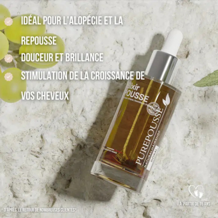 Un flacon d'Élixir Pure Pousse est posé sur une surface en pierre texturée ornée de feuilles vertes. Un texte en français souligne ses bienfaits : idéal contre l'alopécie, favorise la repousse, apporte douceur, brillance et stimule la pousse des cheveux. À partir de 15 ans. Dakar