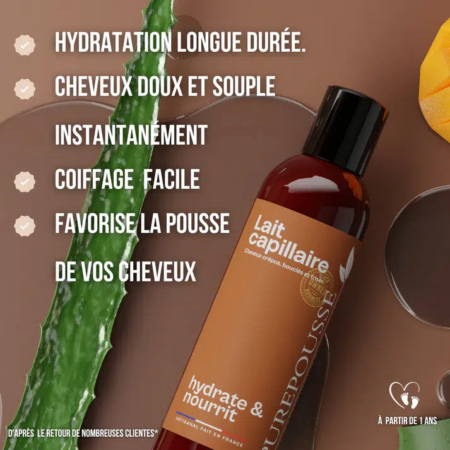 Flacon de soin capillaire sur fond marron, décoré d'aloès et de plantes vertes. Le texte souligne les bienfaits : hydratation longue durée, douceur, coiffage facile et croissance des cheveux. L'icône blanche indique que le produit convient aux enfants de 1 an et plus. Dakar