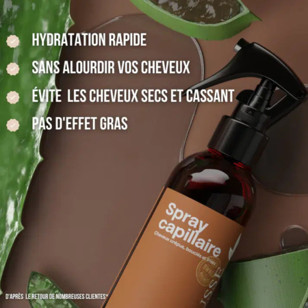 Un flacon de laque capillaire étiqueté « Spray capillaire » est entouré de feuilles d'aloe vera et de chocolat liquide. Le texte souligne les bienfaits : hydratation rapide, effet léger, prévention du dessèchement et de la casse, et sensation non grasse. Dakar
