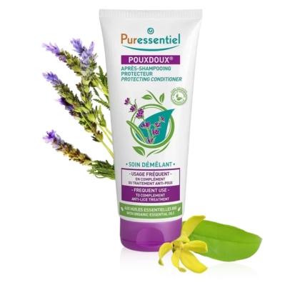 Tube d'Après-Shampooing Protecteur Puressentiel, étiqueté « POUXDOUX » avec un motif floral violet, entouré de brins de lavande et de fleurs d'ylang-ylang jaunes. Le texte souligne l'utilisation fréquente et le traitement anti-poux aux huiles essentielles biologiques. Dakar