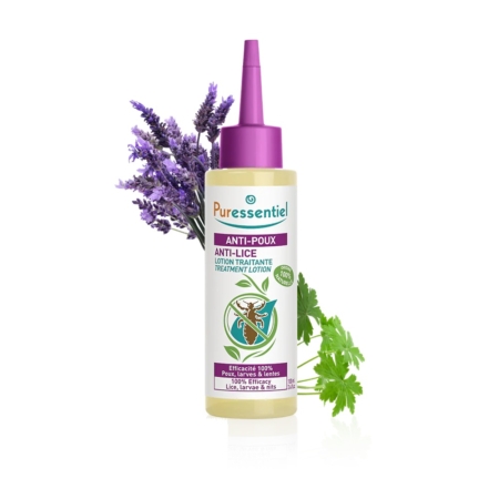 Un flacon de lotion traitante Puressentiel Anti-Poux avec un bouchon violet. Le flacon est orné d'un texte et d'un graphisme, entourés de brins de lavande et de verdure. Le produit est revendiqué comme 100 % efficace contre les poux. Dakar