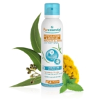 Une bombe de Spray Puressentiel Muscles & Articulations Cryo Pure, entourée de feuilles vertes et de fleurs jaunes. Le flacon met en avant « 14 huiles essentielles » et les bienfaits du « froid intense ». Le texte en français est visible sur l'étiquette. Dakar