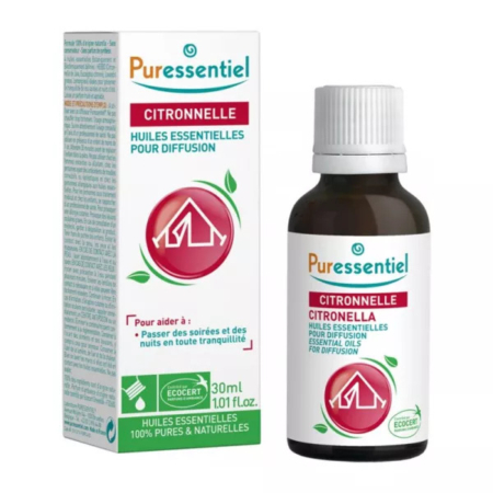 Flacon et boîte d'huile essentielle de Citronnelle Puressentiel pour diffusion, 30 ml. Emballage blanc aux accents verts et rouges, orné du symbole de la maison et de la certification EcoCert. Un texte en français décrit les propriétés et les bienfaits naturels du produit. Dakar