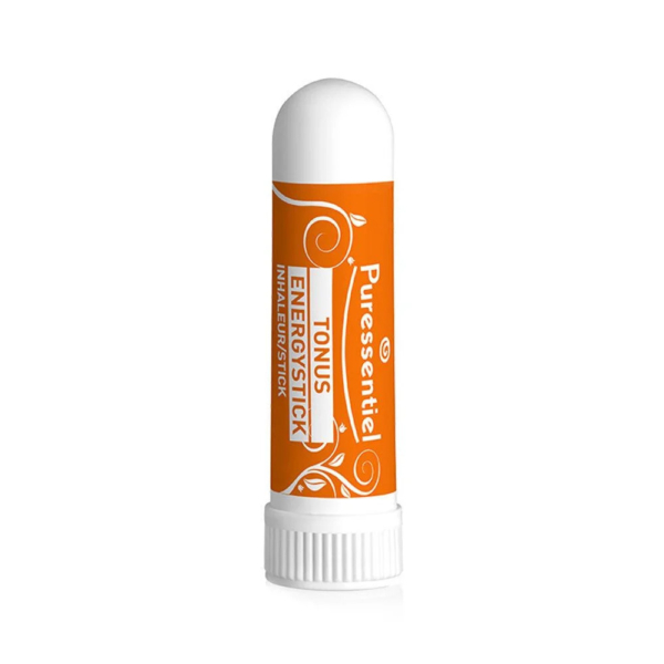 Un bâtonnet inhalateur cylindrique orange, étiqueté « Puressentiel Tonus Energy Stick », avec des volutes blanches décoratives et un texte. Son bouchon et sa base blancs sont conçus pour l'aromathérapie. Dakar