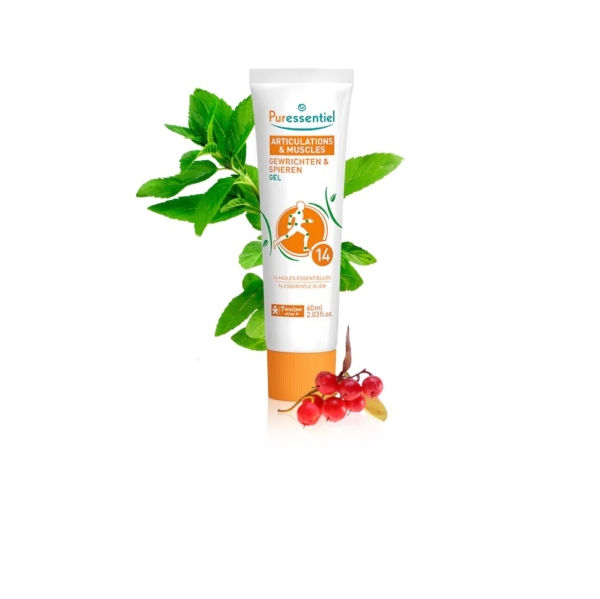 Tube de Gel Puressentiel Articulations & Muscles, avec étiquette orange et blanche, représentant une personne en mouvement. Le tube est entouré de feuilles vertes fraîches et de baies rouges, évoquant des ingrédients naturels. Dakar