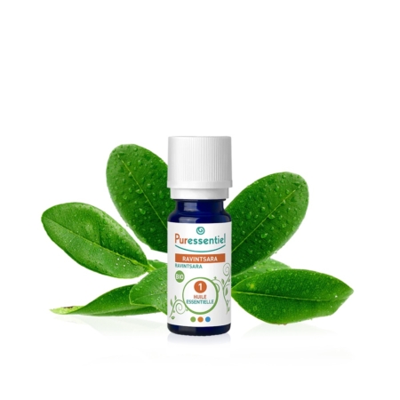 Un petit flacon d'huile essentielle de Ravintsara Puressentiel est placé devant des feuilles vertes. Le flacon est doté d'un bouchon blanc et d'une étiquette colorée. Le fond blanc met en valeur le produit et les feuilles. Dakar