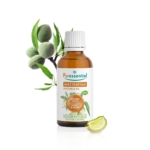 Un flacon d'huile végétale d'amande douce Puressentiel au liquide brun, avec une étiquette et un bouchon blancs. À côté, des amandes vertes sur une branche et une demi-coque d'amande avec un noyau visible. L'étiquette indique « 100 % pure et naturelle - BIO ». Dakar