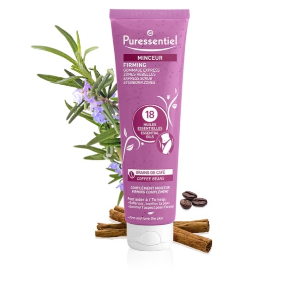 Un tube rose de Crème Raffermissante Puressentiel, accompagné d'huiles essentielles, de grains de café, de romarin et de bâtons de cannelle. L'étiquette met en avant « 18 huiles essentielles » et indique qu'elle raffermit et tonifie la peau. Dakar