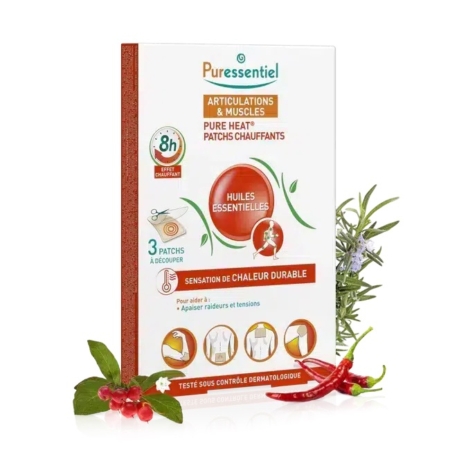 L'image présente une boîte de patchs Puressentiel Pure Heat pour les articulations et les muscles, promettant 8 heures de chaleur. La boîte est entourée de brins de romarin, de piments rouges et de feuilles vertes, suggérant des ingrédients naturels. Dakar