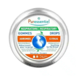 Un flacon rond de Gouttes Respiratoires Puressentiel au parfum d'agrumes. L'étiquette met en valeur l'extrait de guimauve pour apaiser la gorge et les huiles essentielles. Convient aux enfants de 7 ans et plus, sans sucre. Dakar