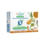 Puressentiel Respiratoire Pastilles 3 Miels Aromatiques, au design inspiré de la nature en nid d'abeille et de plantes, complète le Baume Puressentiel avec des ingrédients naturels pour apaiser les cordes vocales fatiguées. Dakar