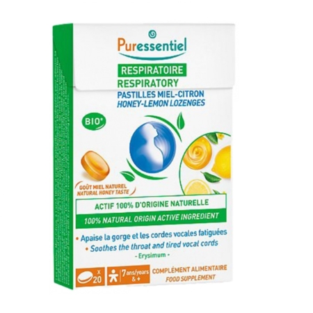 Le paquet de 20 pastilles Puressentiel Respiratoire Miel-Citron, ornées de miel et de tranches de citron, apaise délicatement la gorge et les cordes vocales grâce à des ingrédients 100 % d'origine naturelle. Adapté aux enfants de 7 ans et plus, il offre une note mentholée et fraîche de pin. Dakar