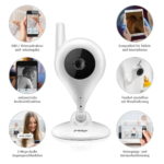 Une caméra de surveillance pour bébé blanche est entourée de six petites images circulaires illustrant ses fonctionnalités, notamment l'enregistrement vidéo, la compatibilité avec les tablettes, la vision nocturne, le montage mural flexible, l'audio bidirectionnel et l'activation par le mouvement et le son. Dakar