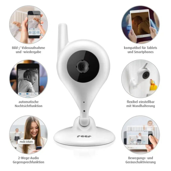 Une caméra de surveillance pour bébé blanche est entourée de six petites images circulaires illustrant ses fonctionnalités, notamment l'enregistrement vidéo, la compatibilité avec les tablettes, la vision nocturne, le montage mural flexible, l'audio bidirectionnel et l'activation par le mouvement et le son. Dakar