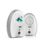 Deux babyphones électroniques blancs avec voyants verts. L'un d'eux est décoré d'oiseaux perchés sous un croissant de lune et des étoiles. Les deux sont dotés d'un bouton d'alimentation en bas. Dakar