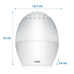 Veilleuse blanche en forme d'œuf avec découpes en forme d'étoile et logo « reer » sur sa base. Elle mesure 15,9 cm de haut et 10 cm de large. Des lignes bleues indiquent la hauteur et la largeur. Dakar