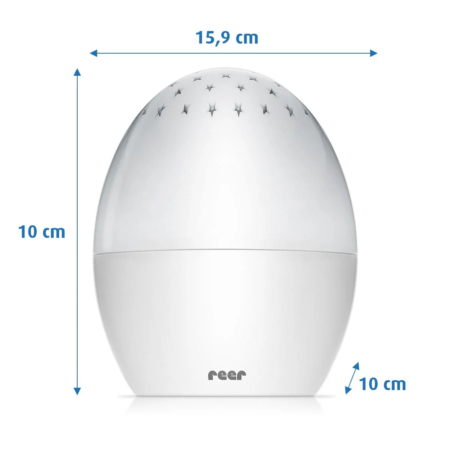 Veilleuse blanche en forme d'œuf avec découpes en forme d'étoile et logo « reer » sur sa base. Elle mesure 15,9 cm de haut et 10 cm de large. Des lignes bleues indiquent la hauteur et la largeur. Dakar