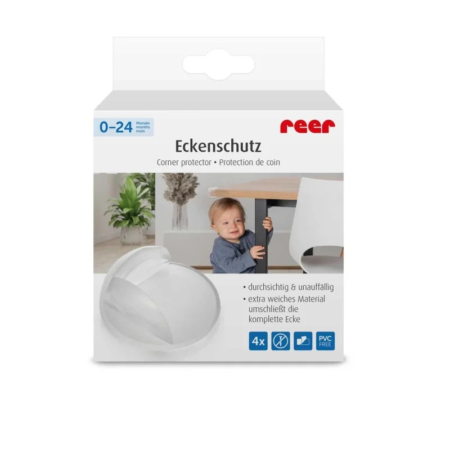 Emballage pour protège-coins « reer ». Composé d'un film plastique transparent et d'une image d'un bébé près d'une table. Le texte mentionne la protection pour les enfants de 0 à 24 mois, la transparence, la douceur et l'absence de PVC. Contient quatre pièces. Dakar