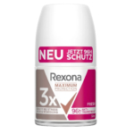 Déodorant à bille avec une étiquette rose et blanche, portant l'inscription « Rexona Maximum Protection ». Il met en avant une protection de 96 heures, des propriétés anti-transpirantes et une résistance au stress, à la chaleur et aux mouvements. Le flacon est de 50 ml. Dakar
