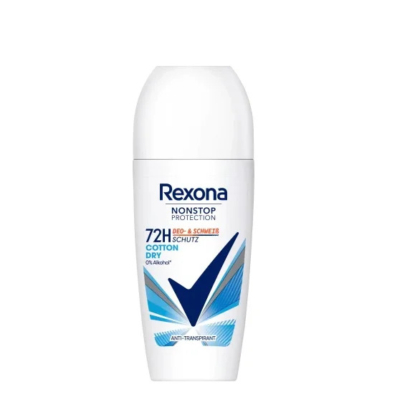 Flacon de déodorant roll-on Rexona blanc avec les mentions « Protection Nonstop », « Sec coton 72 h » et « 0 % d'alcool ». Le design est rehaussé de touches de bleu et le texte de la marque est en noir et bleu. Dakar