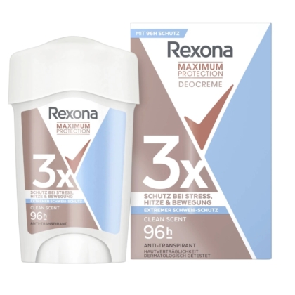 Le déodorant stick anti-transpirant Clean Scent 96H de Rexona 50 ml offre une protection de 96 heures avec un parfum propre. Il est présenté dans un élégant contenant blanc, emballé dans une boîte aux accents gris, marron et bleu. Dakar
