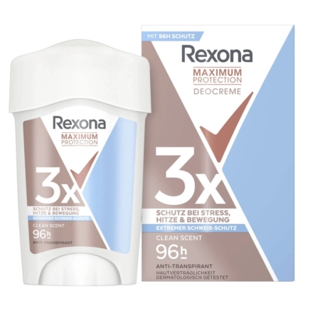 Le déodorant stick anti-transpirant Clean Scent 96H de Rexona 50 ml offre une protection de 96 heures avec un parfum propre. Il est présenté dans un élégant contenant blanc, emballé dans une boîte aux accents gris, marron et bleu. Dakar