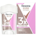Coffret déodorant Rexona Protection Maximum, composé d'un stick et d'une boîte. Ce modèle aux coloris rose, blanc et beige est orné d'un texte en gras soulignant la protection « 3x » contre le stress, la chaleur et les mouvements. Il offre une protection anti-transpirante pendant 96 heures. Dakar