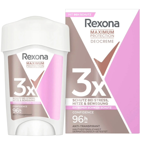 Coffret déodorant Rexona Protection Maximum, composé d'un stick et d'une boîte. Ce modèle aux coloris rose, blanc et beige est orné d'un texte en gras soulignant la protection « 3x » contre le stress, la chaleur et les mouvements. Il offre une protection anti-transpirante pendant 96 heures. Dakar