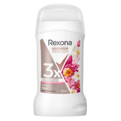 Stick anti-transpirant Rexona Maximum Protection blanc de 50 ml, orné d'un motif floral sur l'étiquette. Le texte souligne la protection contre la transpiration, le stress et les mouvements, avec une efficacité garantie de 96 heures. Dakar