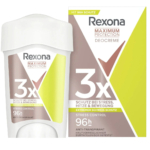 Un déodorant stick Rexona Maximum Protection et son emballage sont présentés. L'étiquette met en avant la protection « 96 h » et les propriétés « Stress Control ». Le design est composé de vert, de blanc et de marron, avec un texte en allemand. Dakar