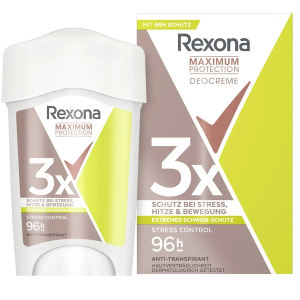 Un déodorant stick Rexona Maximum Protection et son emballage sont présentés. L'étiquette met en avant la protection « 96 h » et les propriétés « Stress Control ». Le design est composé de vert, de blanc et de marron, avec un texte en allemand. Dakar
