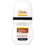 Flacon de déodorant roll-on blanc orné du logo Rogé Cavaillès. Intitulé « Déodorant ABSORB+ », il garantit une protection anti-traces et 48 heures contre la transpiration et les odeurs. Une bande noire en haut, avec du texte noir et orange. Dakar
