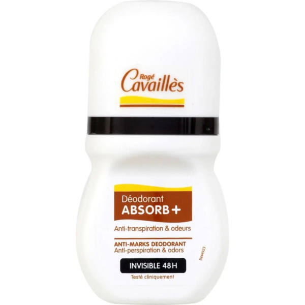 Flacon de déodorant roll-on blanc orné du logo Rogé Cavaillès. Intitulé « Déodorant ABSORB+ », il garantit une protection anti-traces et 48 heures contre la transpiration et les odeurs. Une bande noire en haut, avec du texte noir et orange. Dakar