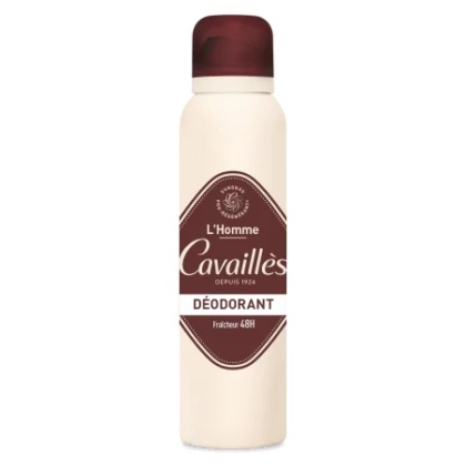Déodorant Cavaillès L'Homme beige avec bouchon et étiquette marron. L'étiquette porte les inscriptions « Déodorant » et « Fraîcheur 48 H », pour une fraîcheur de 48 heures. Dakar